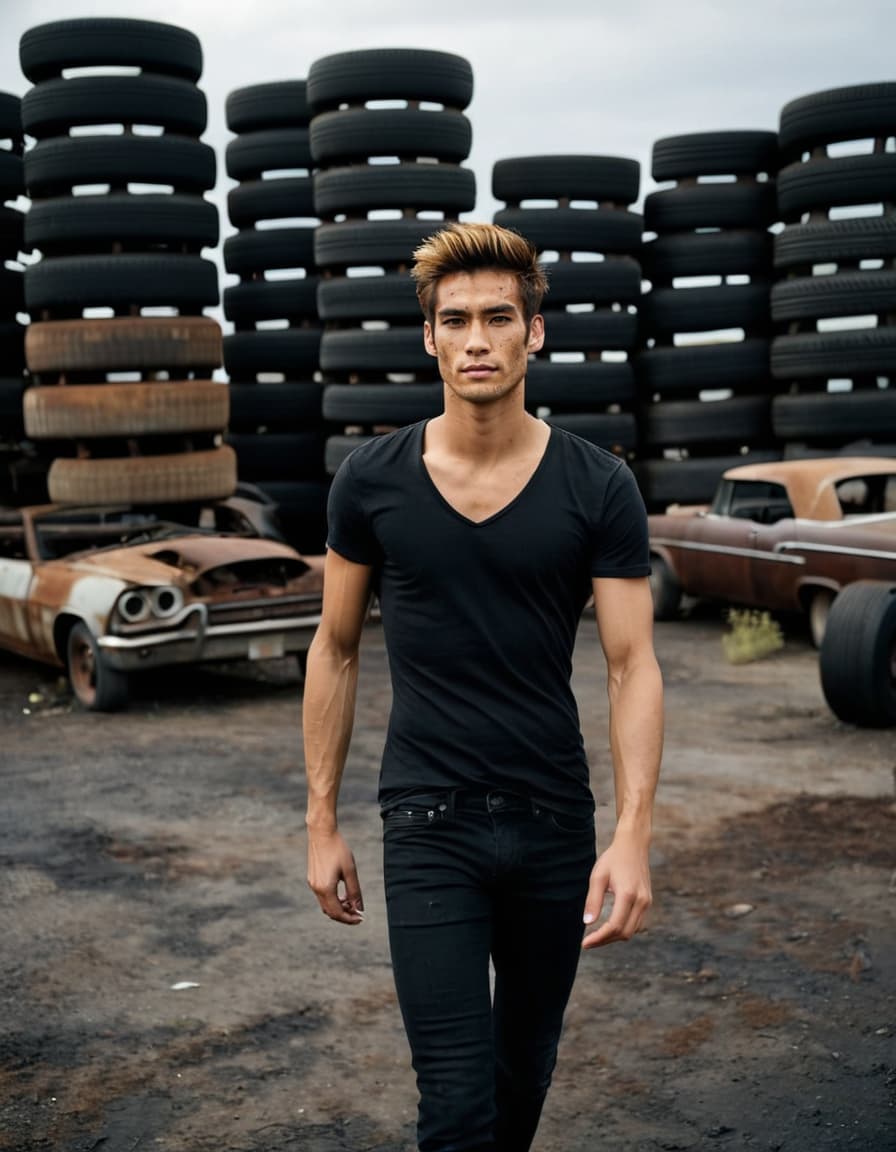 Ethan walks purposefully across a dark, abandoned lot, tight tee showing his muscular frame, dark jeans.