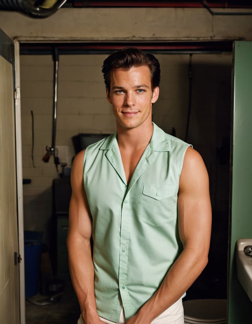 Tom in a form-fitting work shirt in a dingy garage bathroom, amused smirk, shoulders and arms prominent.