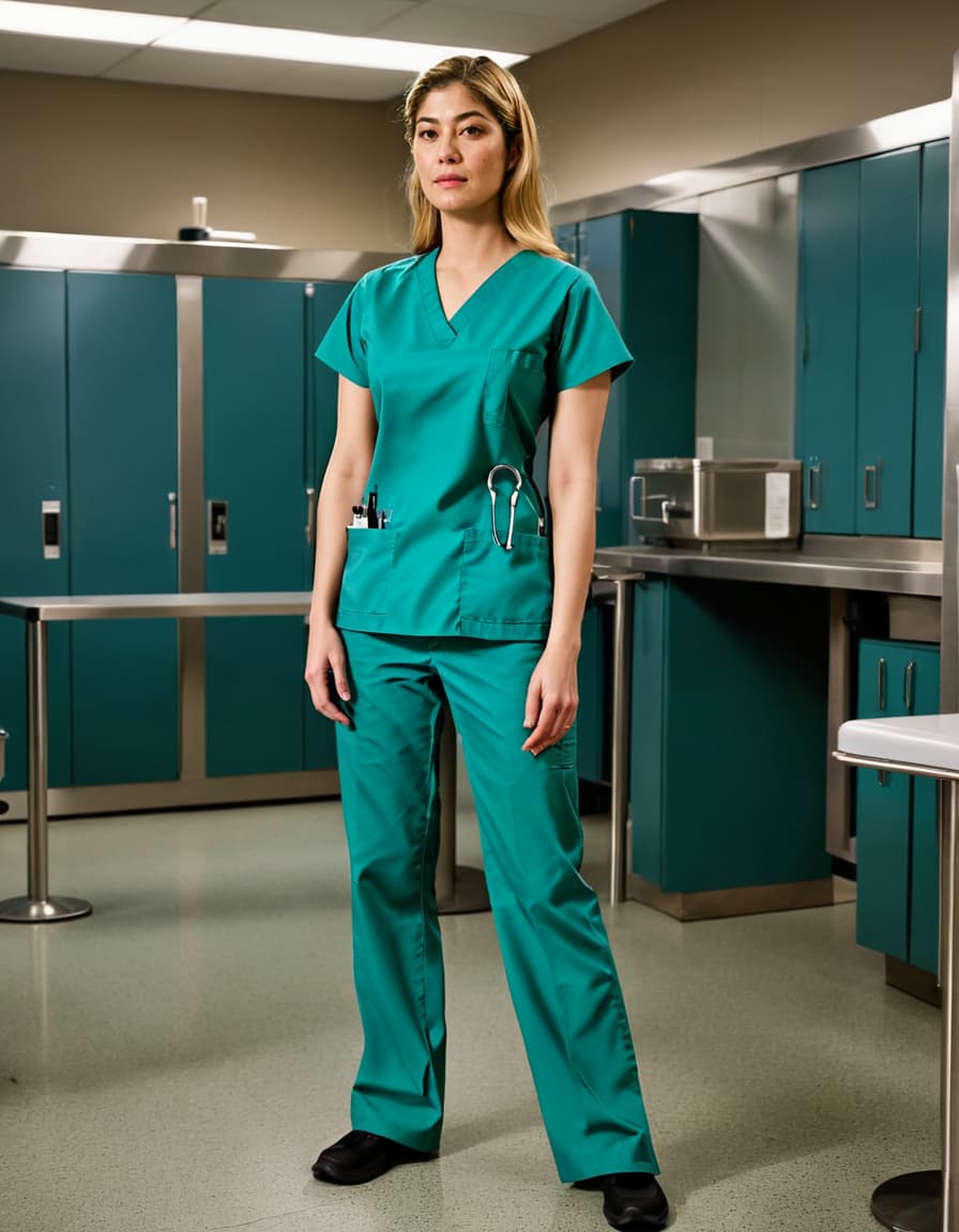 Ava in medical scrubs stands in a sterile break room, looking conflicted and intrigued.