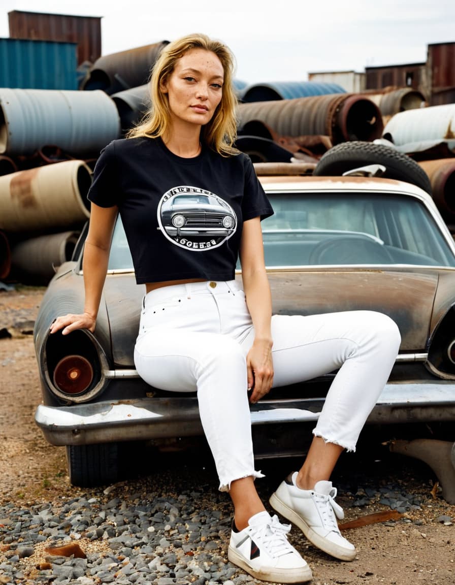 Natalie sits on a car bumper in a junkyard. She wears a black crop top and white jeans, relaxed pose.