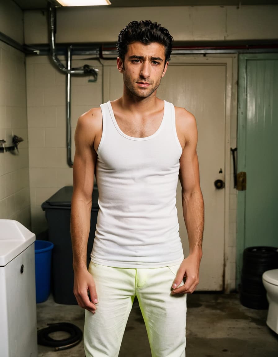 Will stands in a dingy garage bathroom, a stern look on his face, clad in a tight white tank top and work pants.