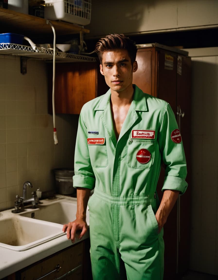 Ethan in a mechanic's jumpsuit, flushed and avoiding eyes, in a grim garage bathroom. Broken lock and flickering light.