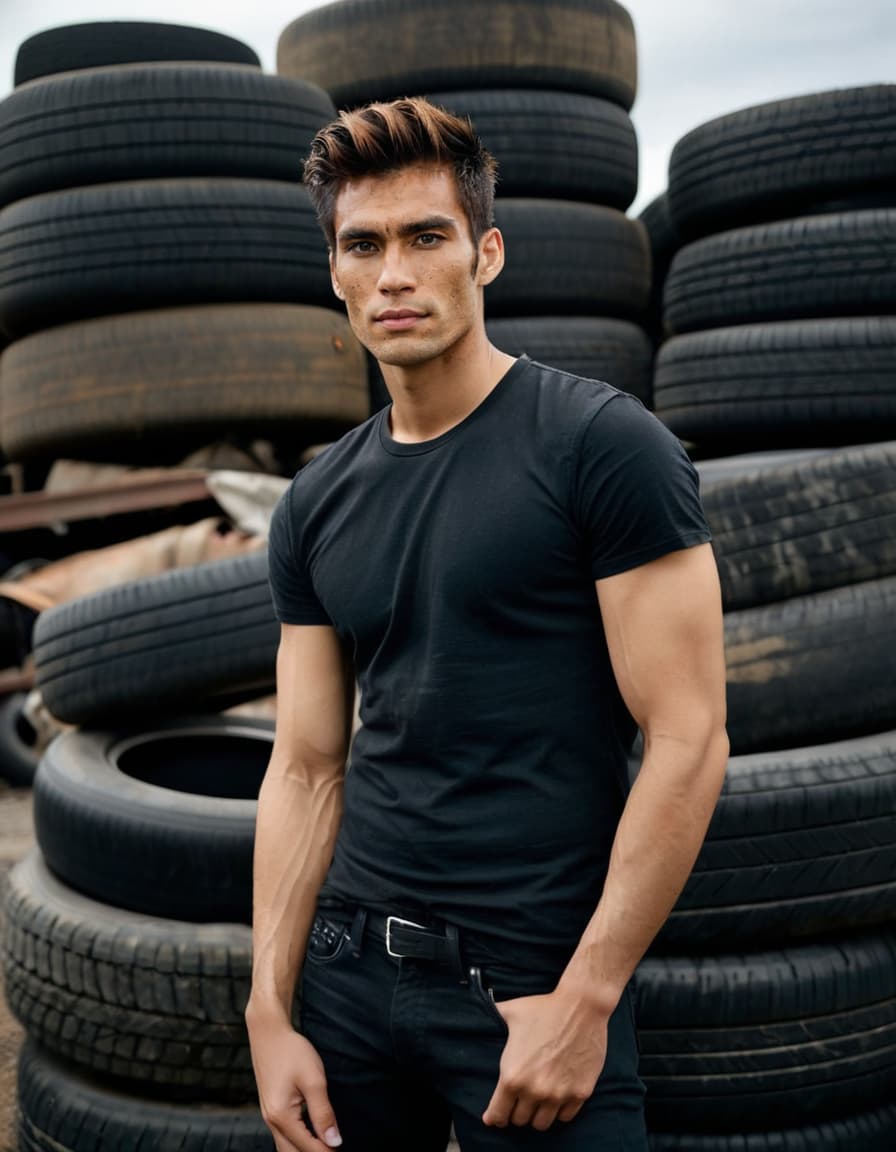 Ethan in a black tee and jeans in an abandoned lot, head tilted back, pensive expression, with a convertible.
