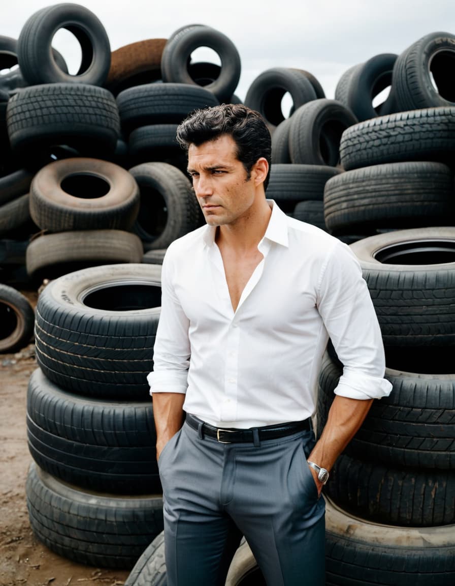 Matt in a partially unbuttoned shirt, turning away in a gritty abandoned lot with rusted cars.