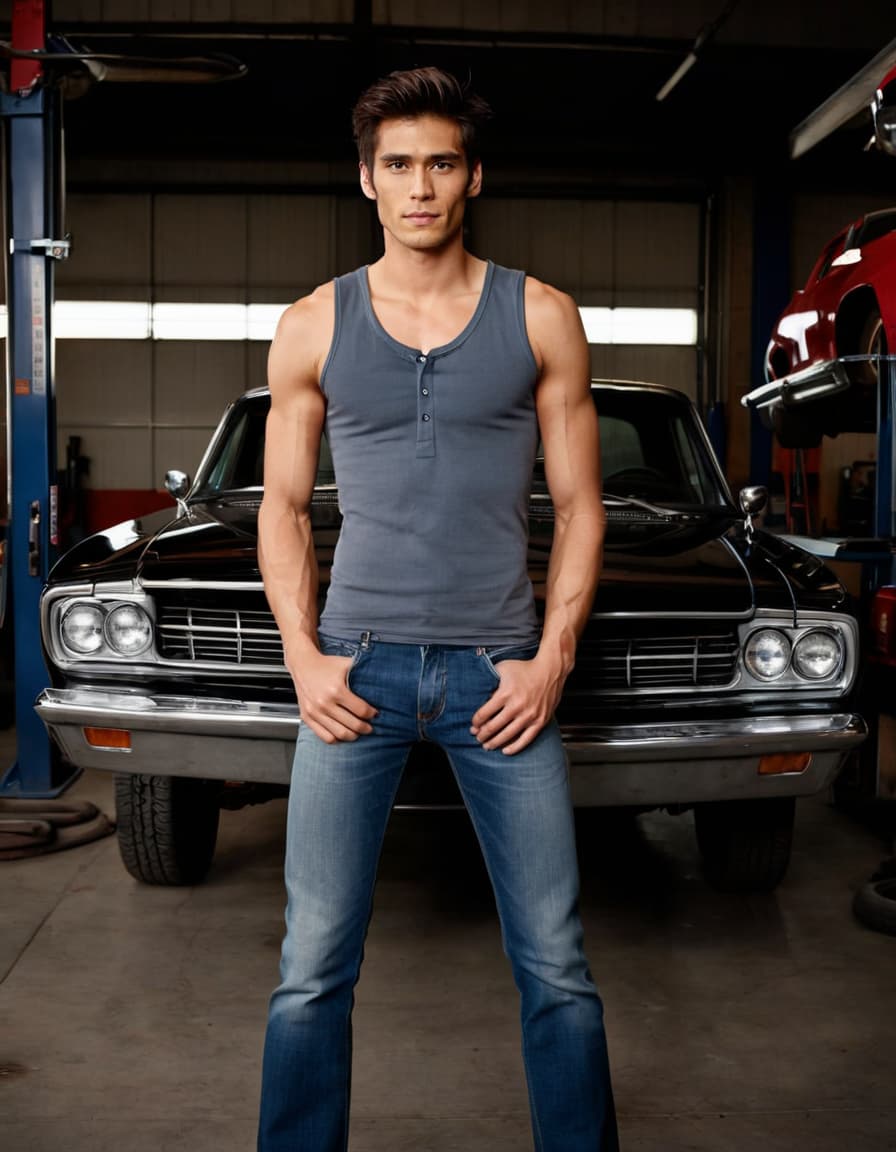 Ethan in a run-down garage, leaning against a car lift. He wears a sleeveless henley, work jeans, gazing pensively.