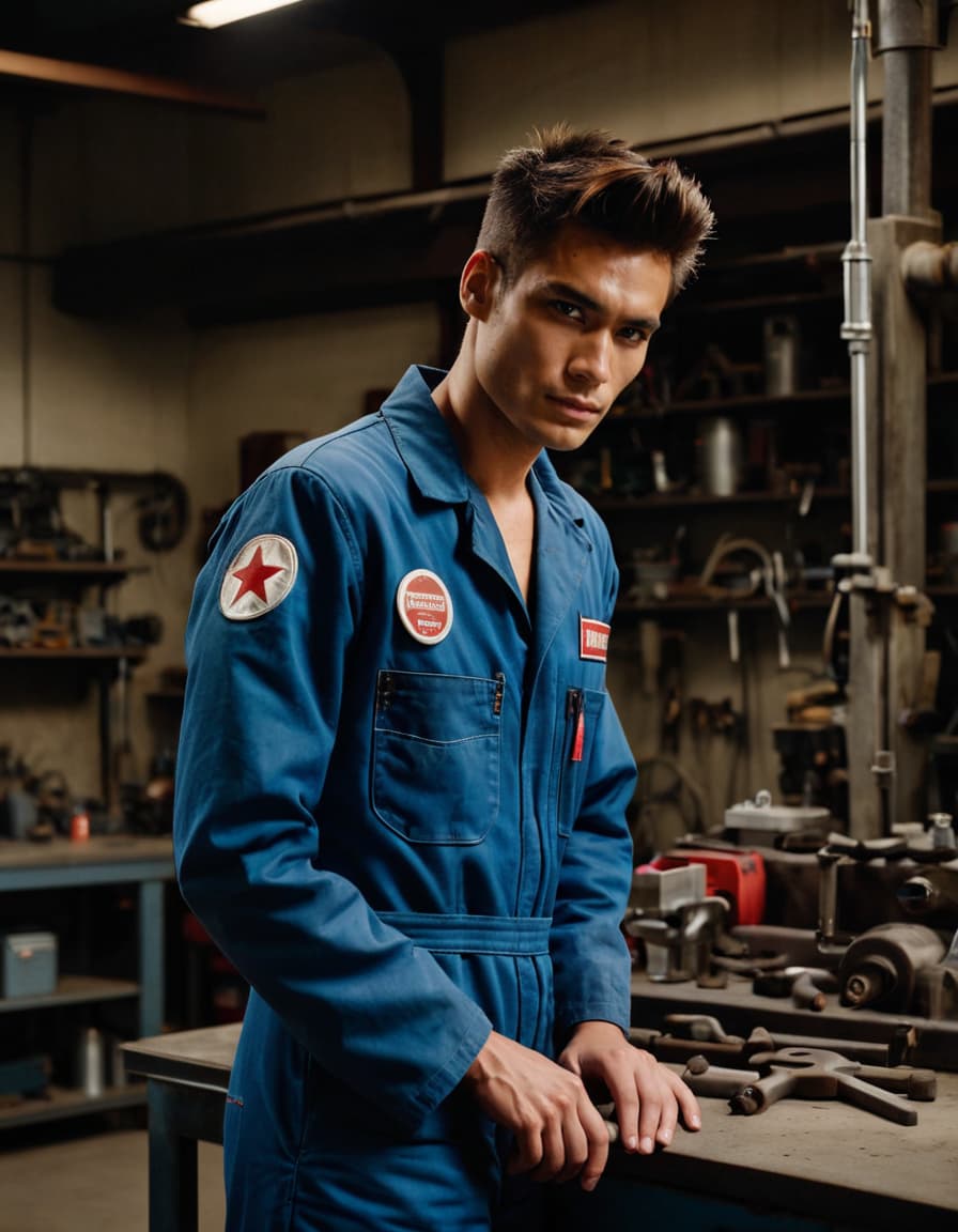 Ethan in blue mechanic coveralls stands hunched at a workbench, vulnerable gaze in an industrial workshop.