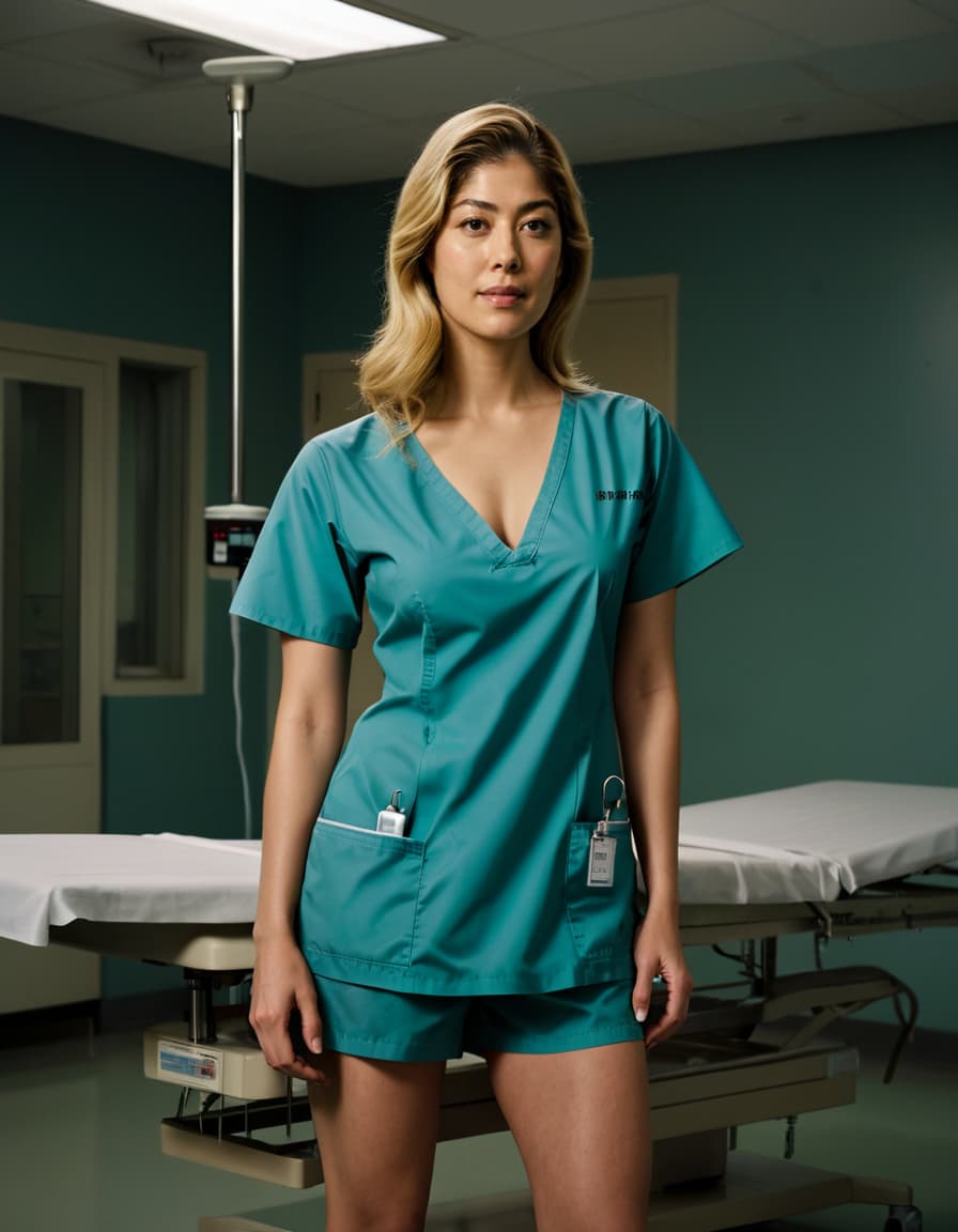 Ava stands confidently in a dim exam room, slightly unbuttoned scrub top hinting at her collarbone.