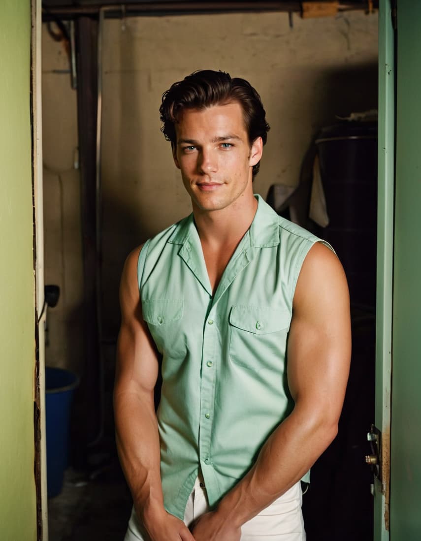 Tom in a form-fitting work shirt, shoulders and arms on display, smirking in a dilapidated garage bathroom.