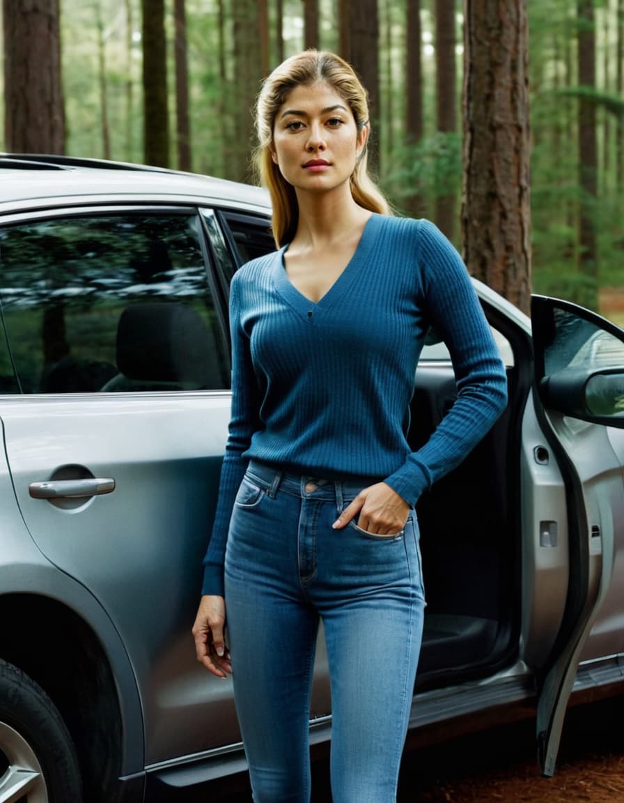 Ava in a tight sweater and skinny jeans leans against a car in a parking area, gazing intently.