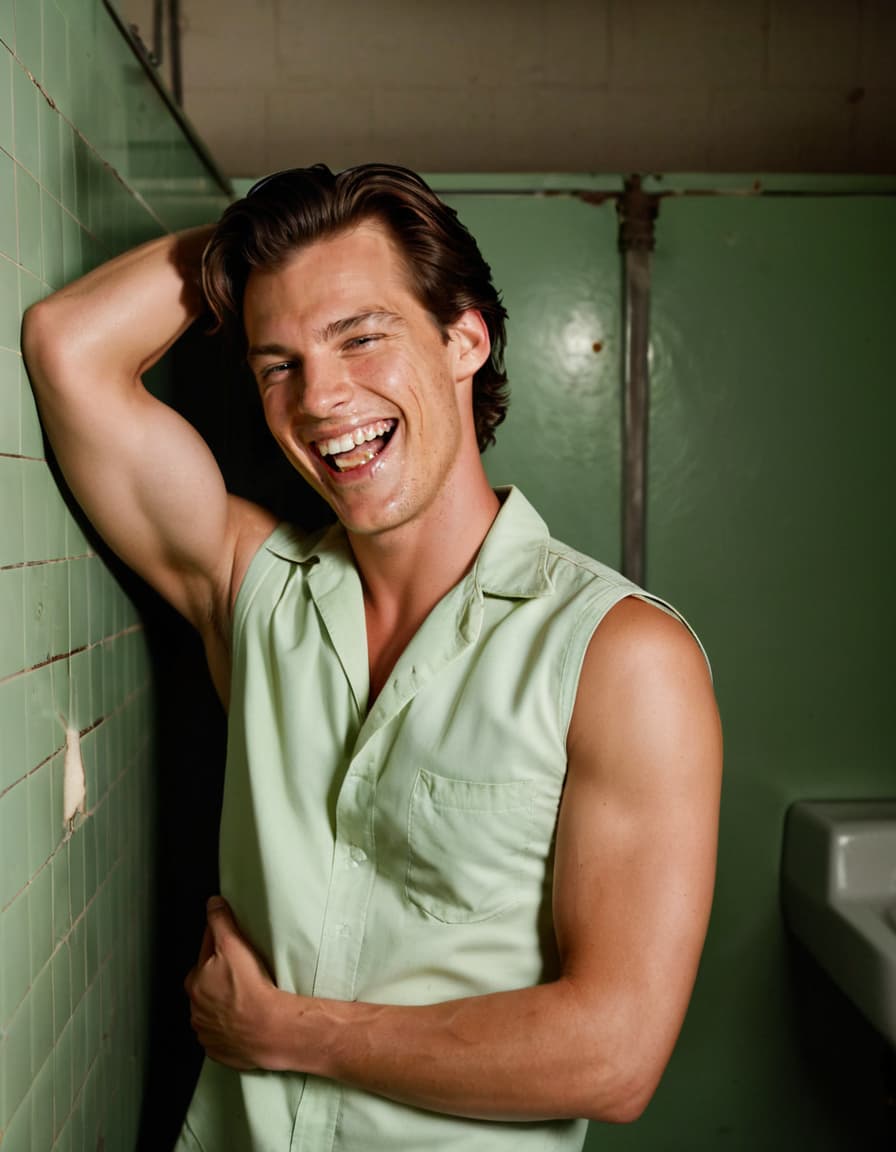Tom laughs in a dingy garage bathroom, highlighting his arms and shoulders in a sleeveless work shirt.