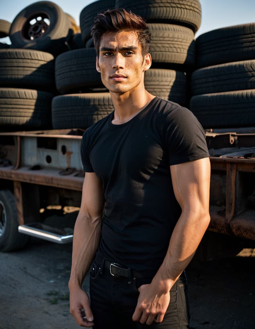 Ethan leans against a truck in an abandoned lot, intense gaze in shadow, muscular torso, dark jeans.
