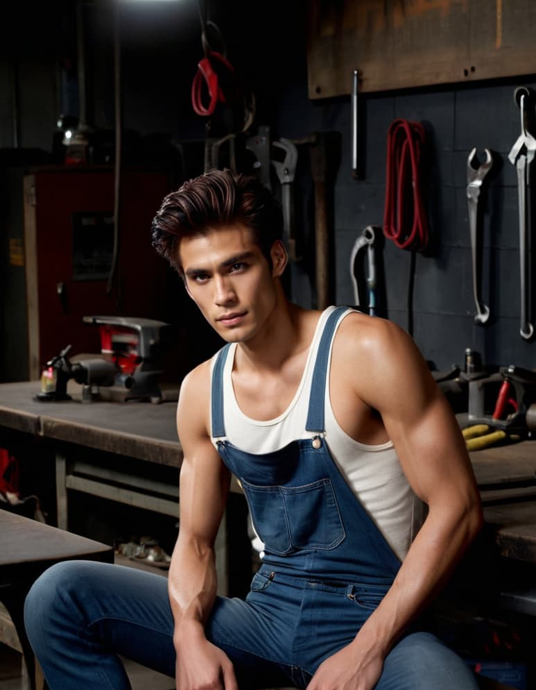 Ethan sits on a steel workbench in a dimly lit auto shop, wearing low-slung jeans and a muscle tank.