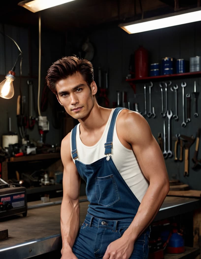 Ethan leans against a steel workbench in a dimly lit auto shop, wearing low-slung jeans and a muscle tank.