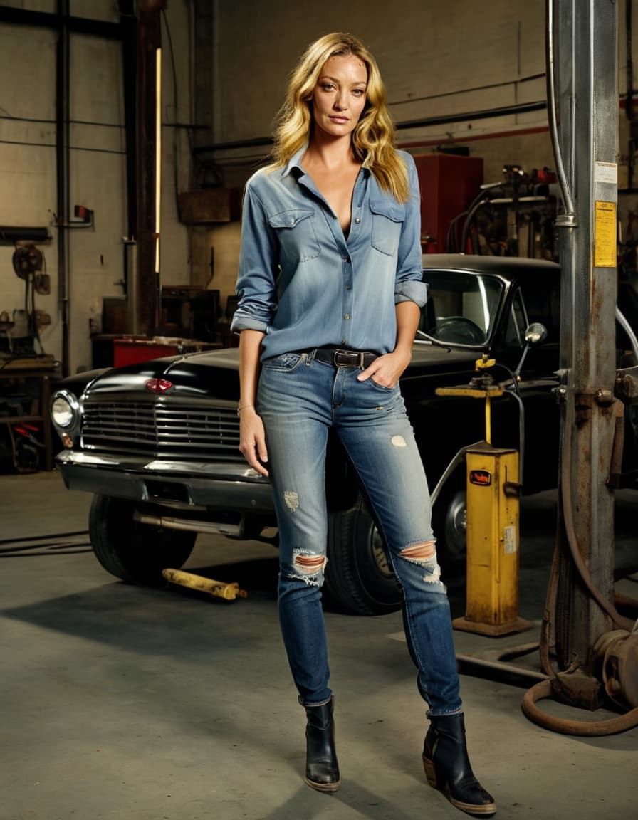 Natalie in an industrial workshop, confidently posing in a deep v-cut blouse and distressed jeans, sultry gaze.