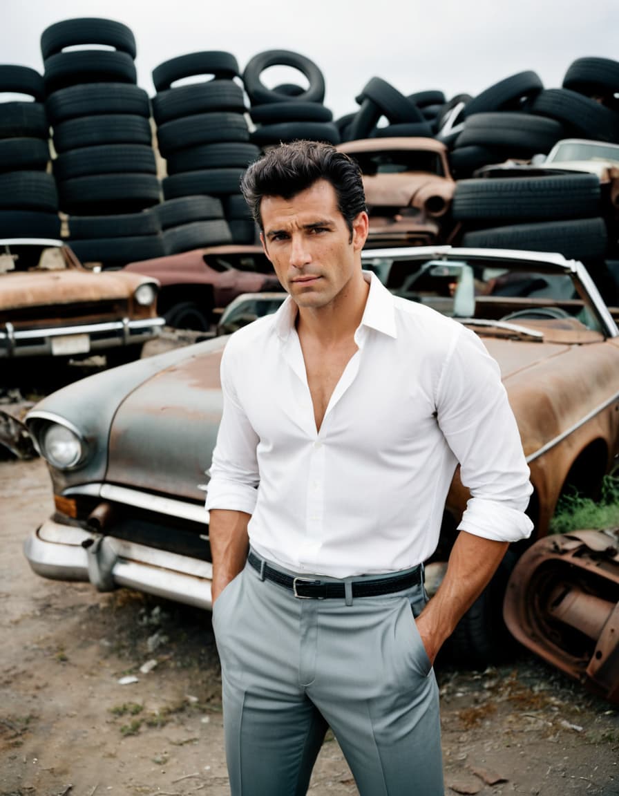 Matt stands awkwardly by a convertible in an abandoned lot, partially unbuttoned shirt, looking embarrassed.