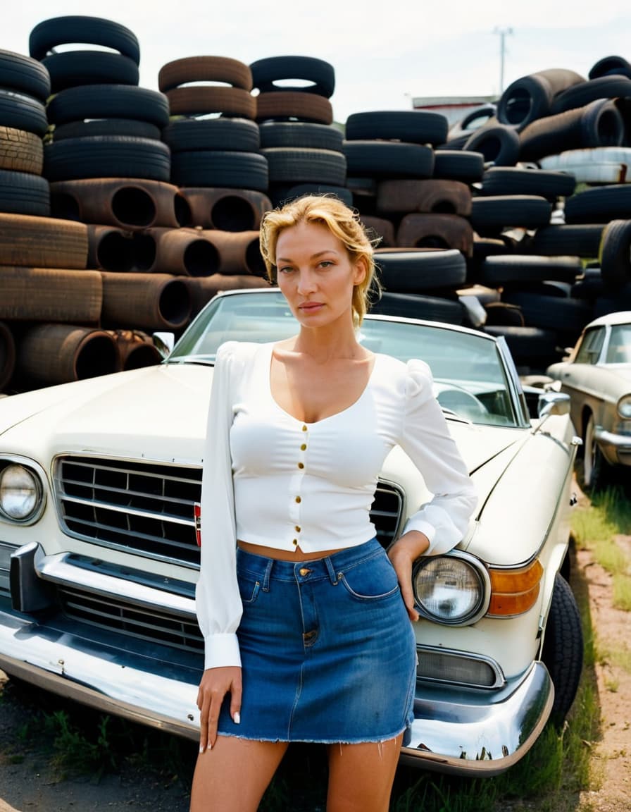 Natalie leans against a convertible in an abandoned lot, wearing a denim skirt and white blouse.