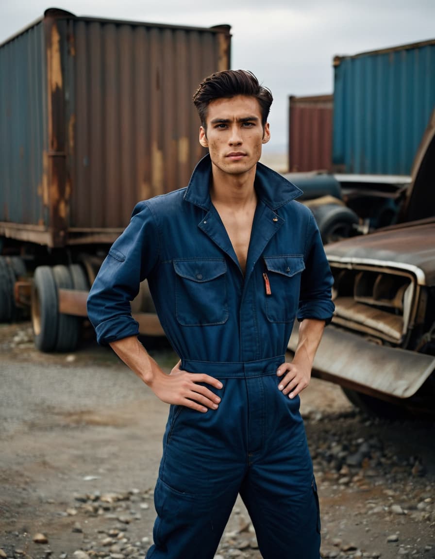 Ethan in a dark blue mechanic jumpsuit, frozen at a truck corner in a junkyard, eyes wide, tense posture.