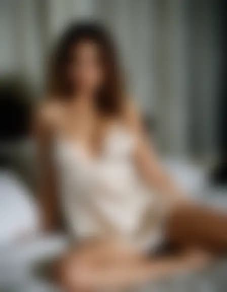 Abigail in a dark bedroom, sheets rumpled, gauzy curtains.