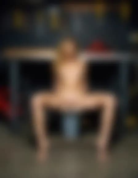 Natalie receives a creampie in a dark, industrial garage with a workbench and tools on the concrete floor.