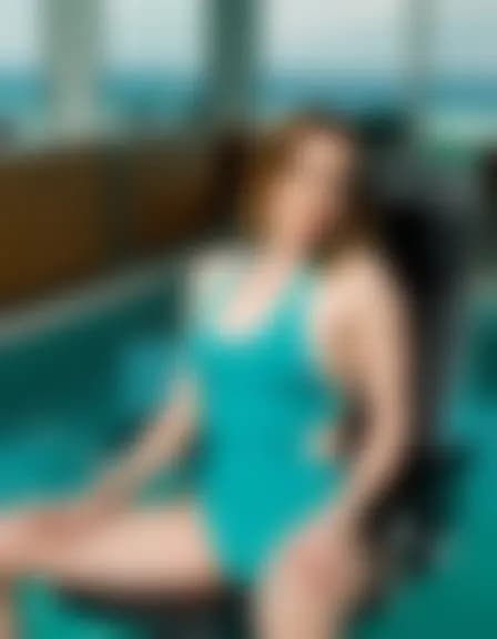 Zoe in a minimalist pool office overlooking water.