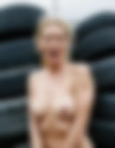 Natalie experiencing orgasm in a deserted garage parking lot, surrounded by junked cars and tires.