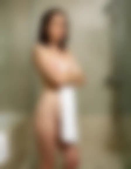 Zoe in a steamy modern bathroom, fogged mirror.