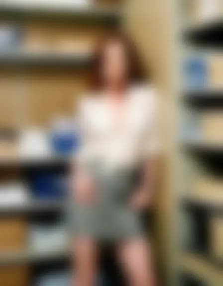 Evelyn in a cramped supply closet.