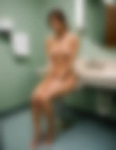 Charlotte in a sterile medical clinic bathroom, engaging in oral sex at the sink.