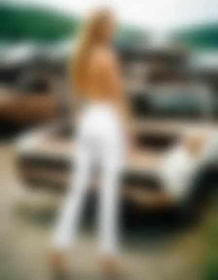 Natalie in a salvage lot, amidst rusted cars. Focused on a sensual act, with car hulks towering around them, adding a gritty backdrop.