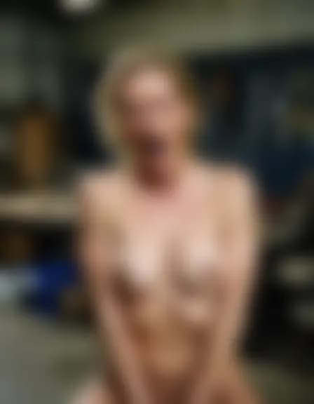 Natalie experiencing orgasm in a dark industrial garage with a workbench, tools, and concrete floor