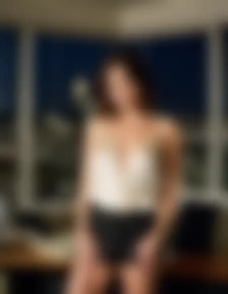 Lillian in a minimalist apartment; city lights visible through an open window.